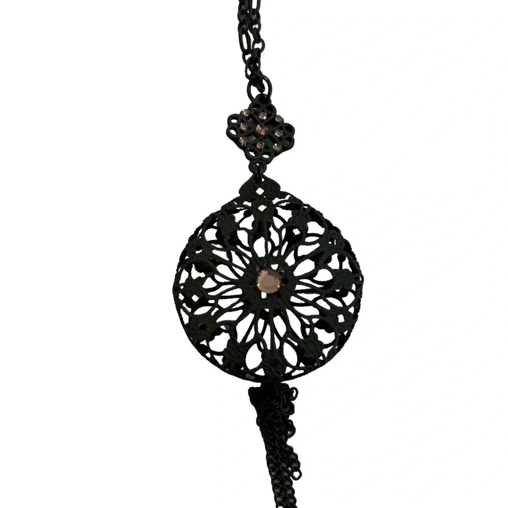 Necklace Stephan & Co. Matte Black 3D Lace Metal Pink Rhinestone Tassel